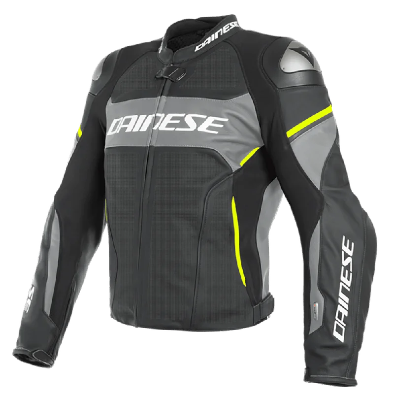 Cycling vest pad-DAINESE RACING 3 D-AIR® PERF. LEATHER JACKET - MATT BLACK/CHARCOAL GREY/FLUO YELLOW