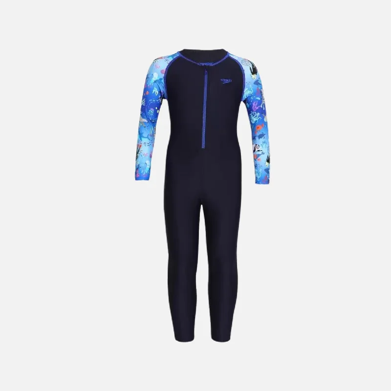 Cycling water clip-Speedo Color Block All Over Printed All In One Suit kids Swim-suit -True Navy/Coral/White