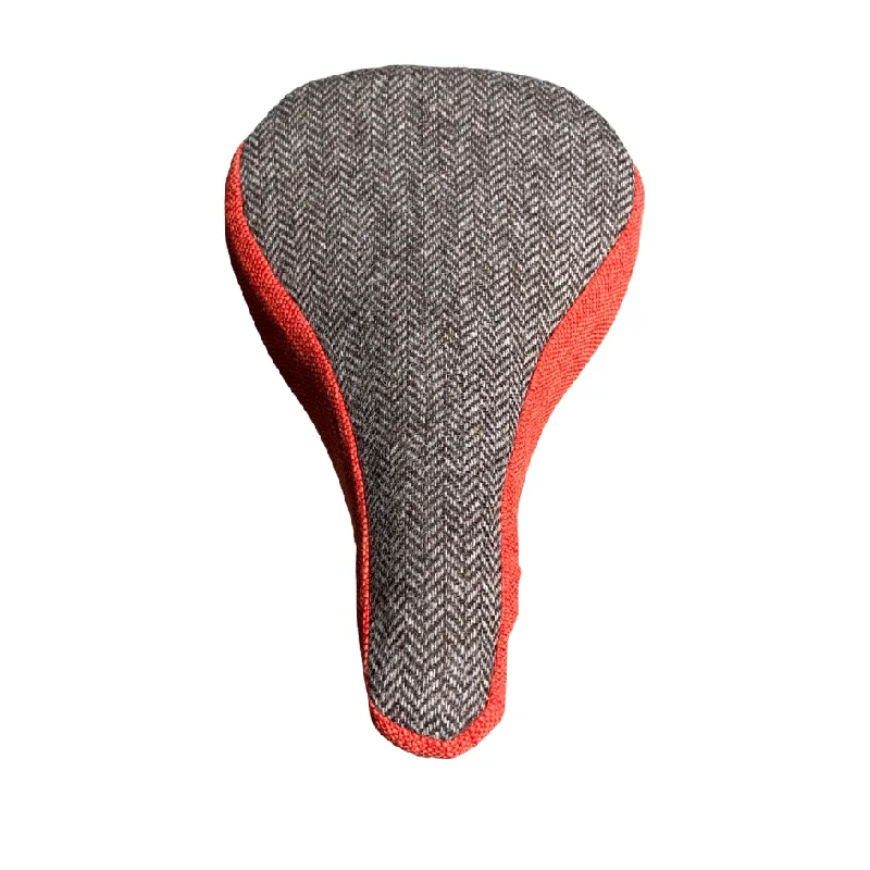 Bicycle helmet pad-Tweed Slim Saddle Cover - Brown Herringbone & Cayenne Red