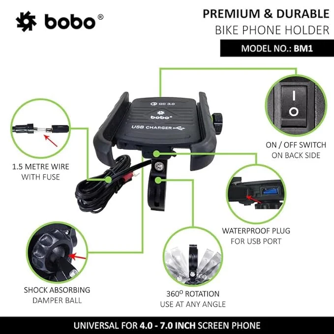 Mountain bike arm-BOBO BM1 Jaw-Grip Bike Phone Holder (with fast USB 3.0 charger) Motorcycle Mobile Mount