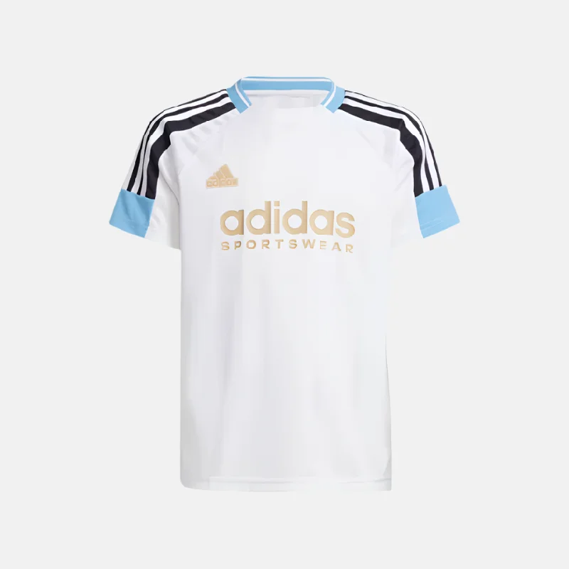 Bicycle helmet pad-Adidas Tiro Nations Pack Kids Unisex T-shirt (7-16Year) -White/Light Blue/Black/Hazy Beige