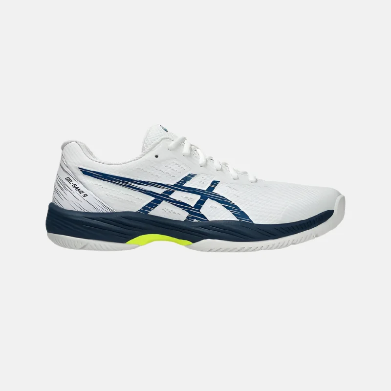 Bicycle gear pad-Asics Gel-Game 9 Men's Tennis Shoes -White/Mako Blue