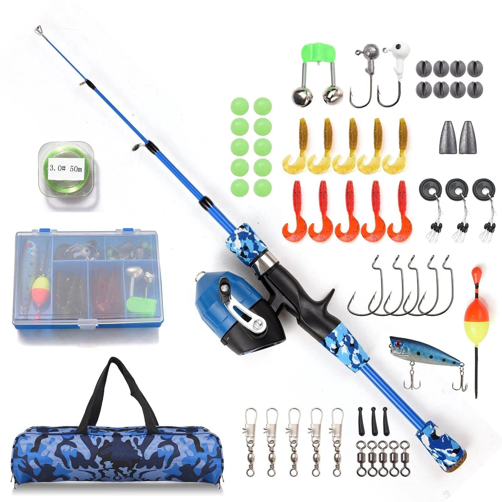 Bike chain clip-Kids Fishing Rod and Reel Combo Full Kit 1.2m/1.5m Telescopic Casting Rod Pole with Spincast Reel and Hooks Lures Swivels bag